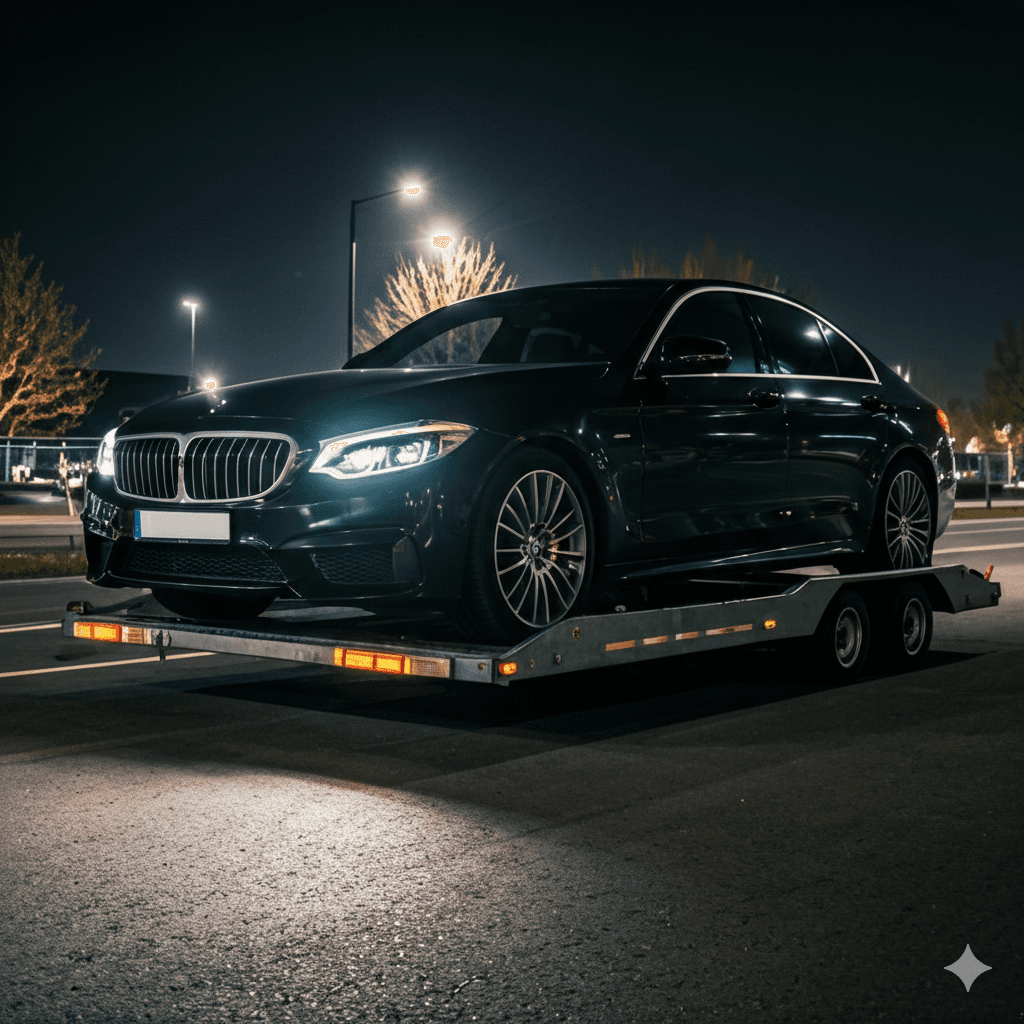 High-end black luxury car being towed at night